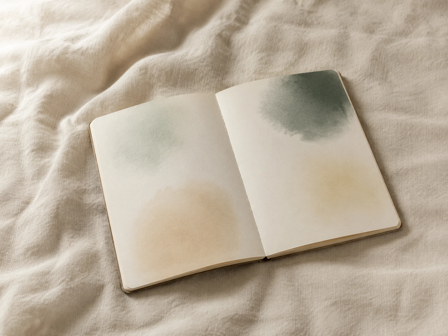 Cuaderno abierto con manchas de acuarela verde y arena sobre lino